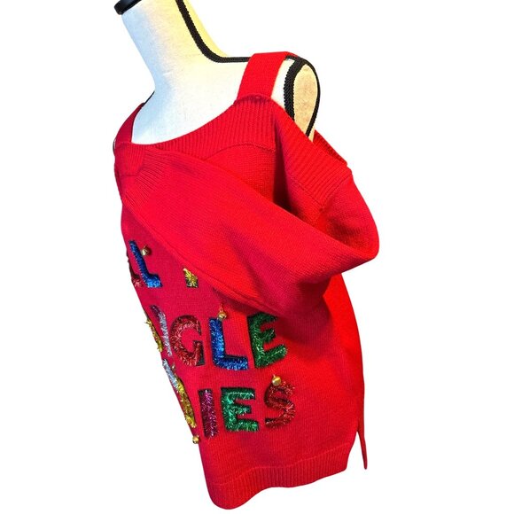 All The Jingle Ladies Ugly Christmas Sweater Bells Tinsel Open Shoulder Large - Picture 4 of 8